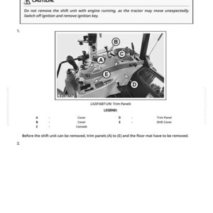 May include: Diagram from a manual showing the removal of a tractor's shift unit. The image includes a detailed view of the tractor's interior with labeled parts (A-E) and a warning about safety. Text reads "PowrQuad Transmission - Removing the Shift Unit."