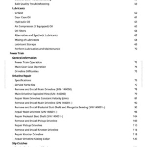 May include: A white-backgrounded page from a manual with a table of contents. The table lists topics such as "Lubricants", "Power Train", and "Driveline Repair". Page numbers are listed on the right.