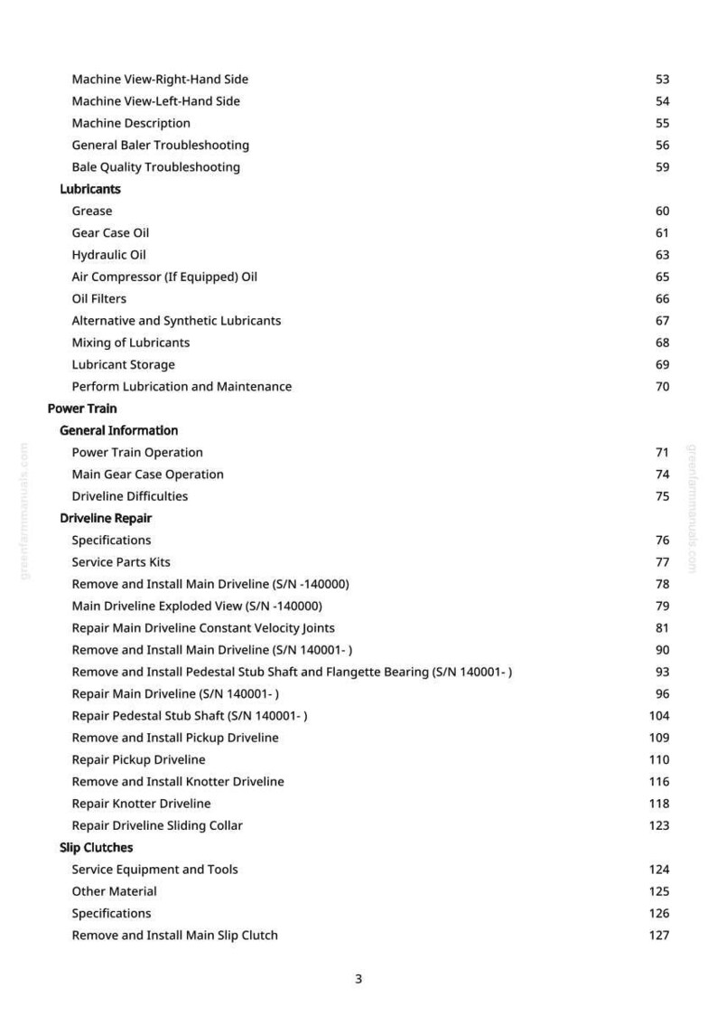 May include: A white-backgrounded page from a manual with a table of contents. The table lists topics such as "Lubricants", "Power Train", and "Driveline Repair". Page numbers are listed on the right.