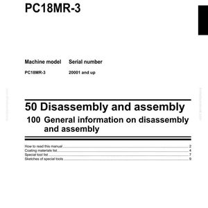 May include: Shop manual for a hydraulic excavator, model PC18MR-3. The manual includes information on disassembly, assembly, and general information. The Komatsu logo is at the bottom.