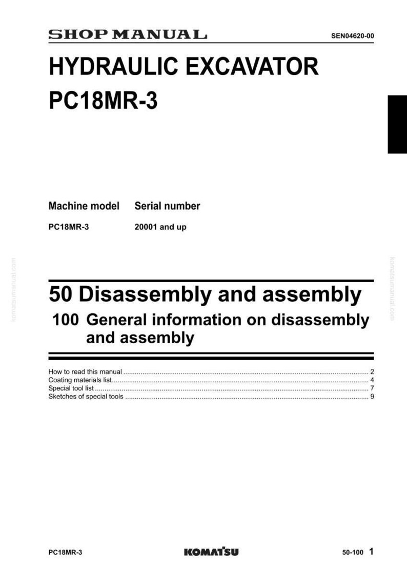 May include: Shop manual for a hydraulic excavator, model PC18MR-3. The manual includes information on disassembly, assembly, and general information. The Komatsu logo is at the bottom.