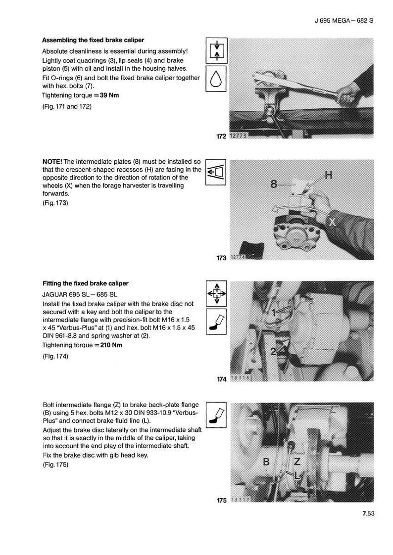 May include: Technical diagram illustrating the assembly of a fixed brake caliper, including instructions for installing O-rings, bolts, and intermediate plates. The diagram includes tightening torque specifications in Newton meters.