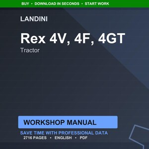 Puede incluir: Un manual de taller digital para tractores Landini Rex 4V, 4F y 4GT. El t&iacute;tulo est&aacute; en texto blanco grande, con la palabra "Tractor" debajo. El manual est&aacute; etiquetado como "Manual de taller" e incluye el texto "Ahorre tiempo con datos profesionales".