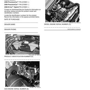 May include: A product identification document for Greens Mowers, with engine diagrams and serial number locations. Includes text for model numbers 2400, 2550 PrecisionCut, and 2550 E-Cut Hybrid. Provides spaces for purchase date, dealer name, and phone.