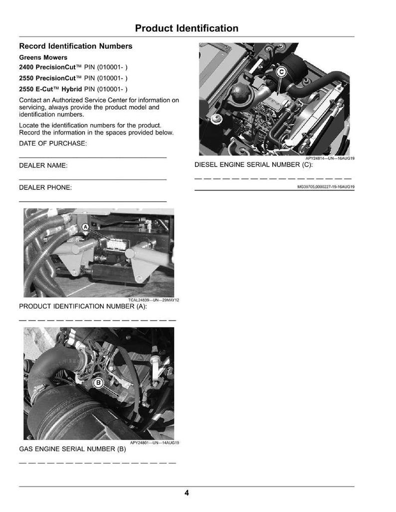 May include: A product identification document for Greens Mowers, with engine diagrams and serial number locations. Includes text for model numbers 2400, 2550 PrecisionCut, and 2550 E-Cut Hybrid. Provides spaces for purchase date, dealer name, and phone.
