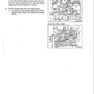 Puede incluir: Diagrama de componentes del motor con etiquetas y n&uacute;meros de serie. El texto incluye instrucciones para ajustar la palanca de control de combustible, los pernos de tope y la palanca de la bomba de inyecci&oacute;n. El texto tambi&eacute;n menciona la comprobaci&oacute;n de la velocidad del motor.