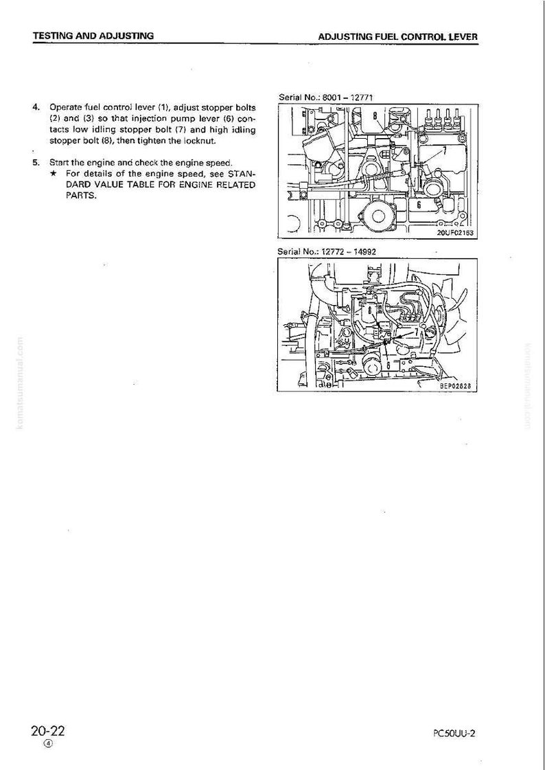 Puede incluir: Diagrama de componentes del motor con etiquetas y n&uacute;meros de serie. El texto incluye instrucciones para ajustar la palanca de control de combustible, los pernos de tope y la palanca de la bomba de inyecci&oacute;n. El texto tambi&eacute;n menciona la comprobaci&oacute;n de la velocidad del motor.