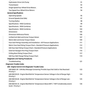 May include: A detailed technical manual page with a list of engine specifications, diagnostic trouble codes, and torque values. The page includes various sections such as "General Specifications" and "Diagnostic Trouble Codes."