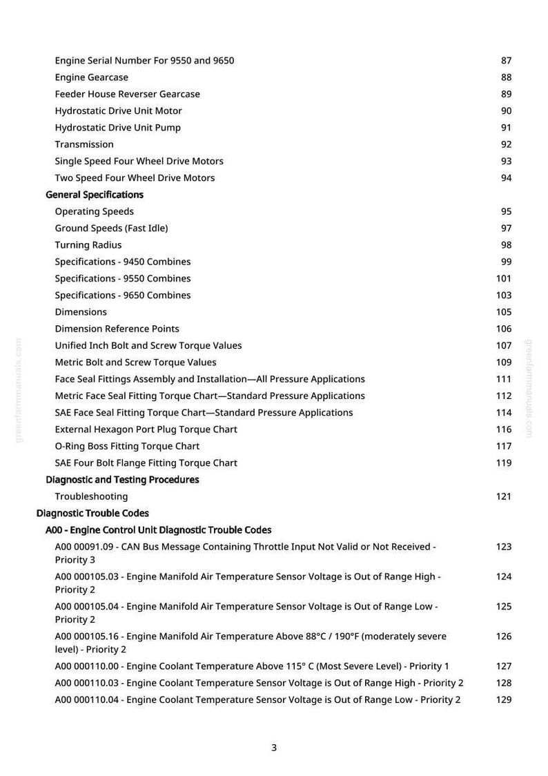 May include: A detailed technical manual page with a list of engine specifications, diagnostic trouble codes, and torque values. The page includes various sections such as "General Specifications" and "Diagnostic Trouble Codes."