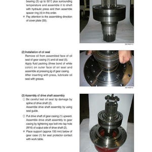 May include: Images detailing the assembly of a drive shaft and oil seal installation. The components are metallic, showcasing mechanical engineering and automotive parts.