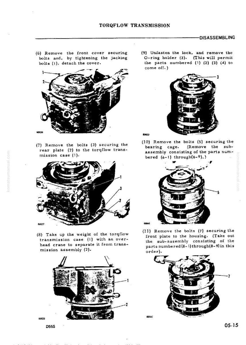 Pu&ograve; includere: Diagramma dello smontaggio della trasmissione Torqflow, con pi&ugrave; viste dei componenti. L'immagine include parti numerate e istruzioni per la rimozione dei bulloni e la separazione dei componenti. Il testo include il titolo "TORQFLOW TRANSMISSION" e la parola "DISASSEMBLING".
