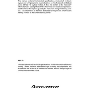 May include: A white page from a manual with the title "PREFACE" at the top. The text describes technical specifications, diagrams, and instructions for Mythos tractors. The Landini logo and service information are at the bottom.