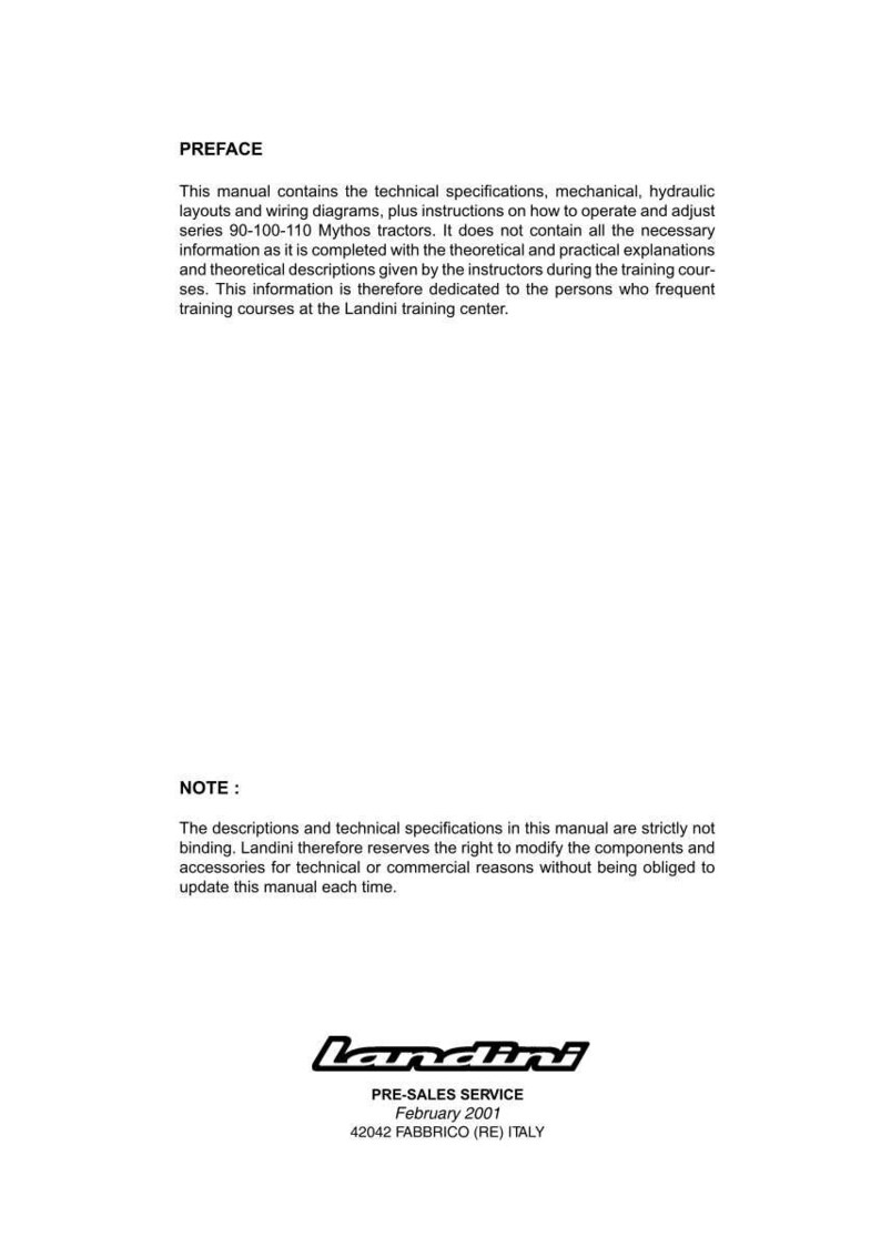 May include: A white page from a manual with the title "PREFACE" at the top. The text describes technical specifications, diagrams, and instructions for Mythos tractors. The Landini logo and service information are at the bottom.