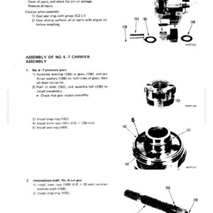 May include: Diagram of a transmission assembly with labeled parts. Includes illustrations of gears, shafts, and rings, with measurements in millimeters. Text details assembly steps and preparatory work.