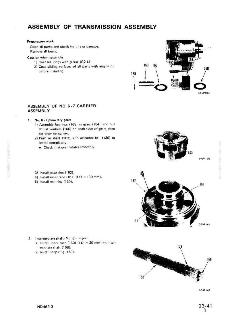 May include: Diagram of a transmission assembly with labeled parts. Includes illustrations of gears, shafts, and rings, with measurements in millimeters. Text details assembly steps and preparatory work.