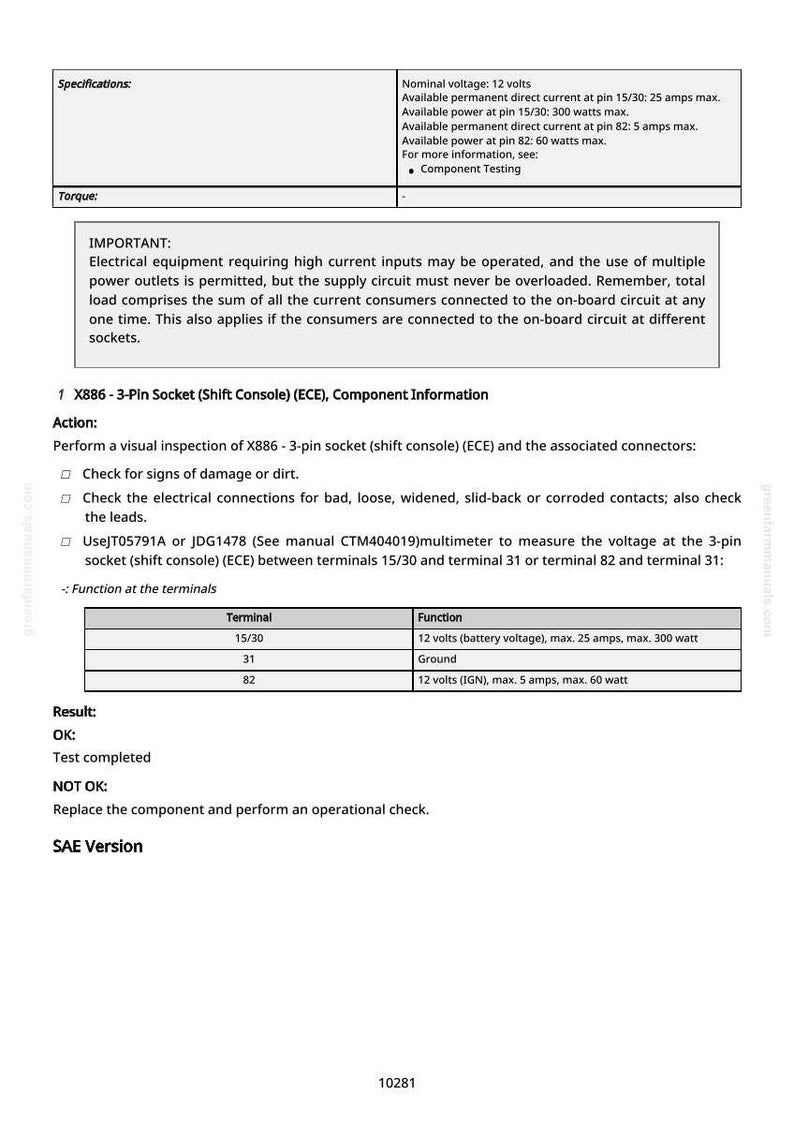 May include: A detailed technical document with specifications for an electrical component. It includes voltage, current, and power ratings, along with instructions for inspection and testing. The document also features a table detailing terminal functions.