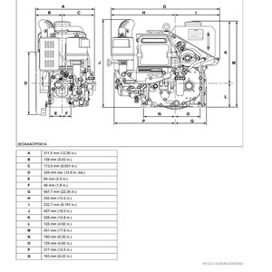 May include: Diagram of an EA330-E4-NB1 engine with dimensions in inches and millimeters. The diagram includes side and top views, with labeled measurements for various parts, such as 12.26 inches (311.5 mm) for dimension A and 22.35 inches (567.7 mm) for dimension G.
