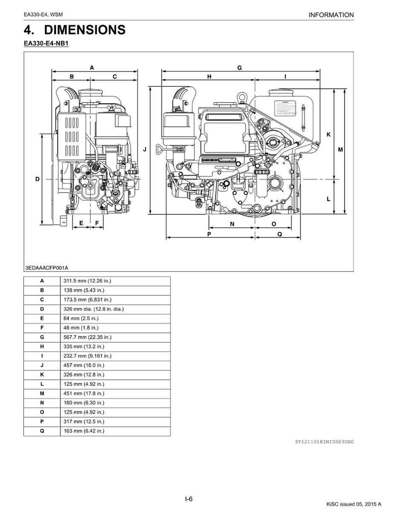 May include: Diagram of an EA330-E4-NB1 engine with dimensions in inches and millimeters. The diagram includes side and top views, with labeled measurements for various parts, such as 12.26 inches (311.5 mm) for dimension A and 22.35 inches (567.7 mm) for dimension G.