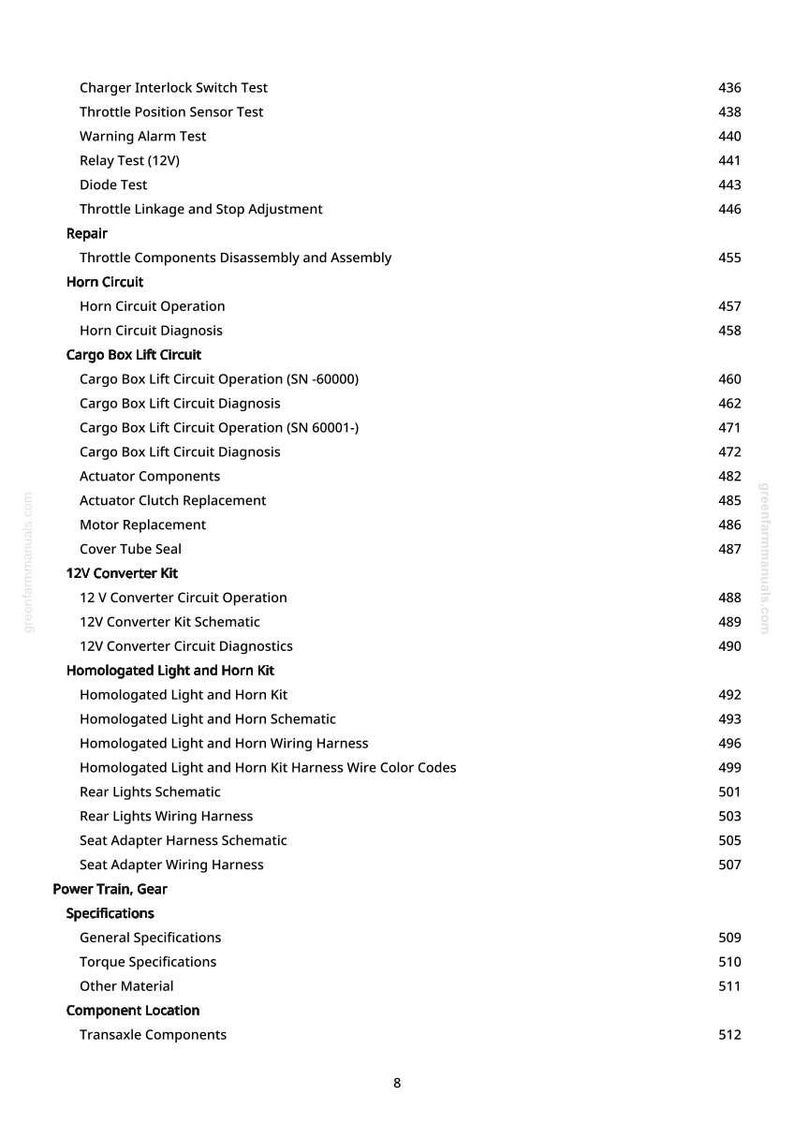 May include: A page from a manual with a list of automotive repair and maintenance topics. The topics include tests, diagnostics, and component replacements. The page number is 8.