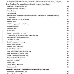May include: A white page detailing mechanical repair procedures and components for a transmission system. The text includes terms like "Clutch Housing," "Oil Pump," and "Gear Transmission." The page also features the Deere & Company trademark.