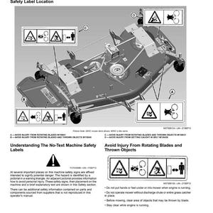 May include: Diagram of a mower deck with safety labels. The labels feature warning symbols and pictograms indicating potential hazards like rotating blades and thrown objects. Text at the bottom explains the safety measures to avoid injury.