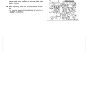 May include: Diagram from a manual showing fuel injection timing adjustment. Text includes instructions to loosen a bolt, align lines, and install a nozzle holder assembly. The image also includes a detailed illustration of engine components.