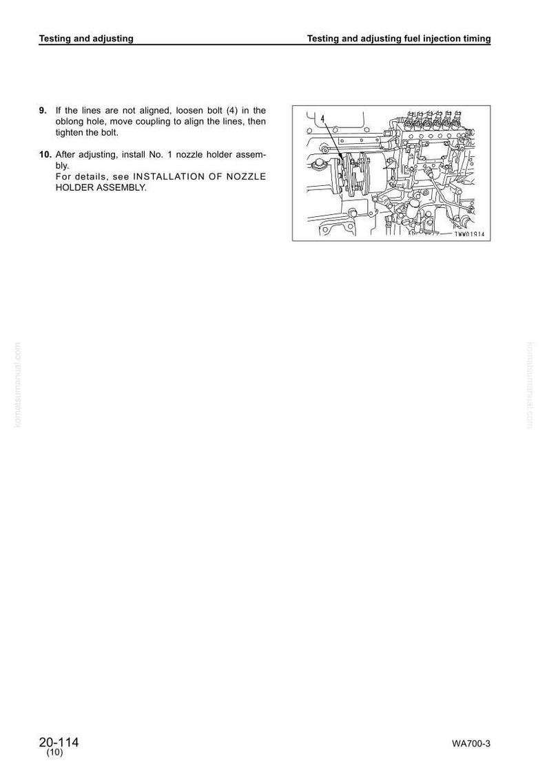 May include: Diagram from a manual showing fuel injection timing adjustment. Text includes instructions to loosen a bolt, align lines, and install a nozzle holder assembly. The image also includes a detailed illustration of engine components.