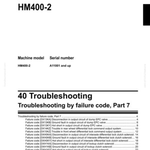 May include: Shop manual page for an Articulated Dump Truck HM400-2. The document includes troubleshooting information by failure code, Part 7, with a list of failure codes and descriptions. The Komatsu logo is at the bottom.