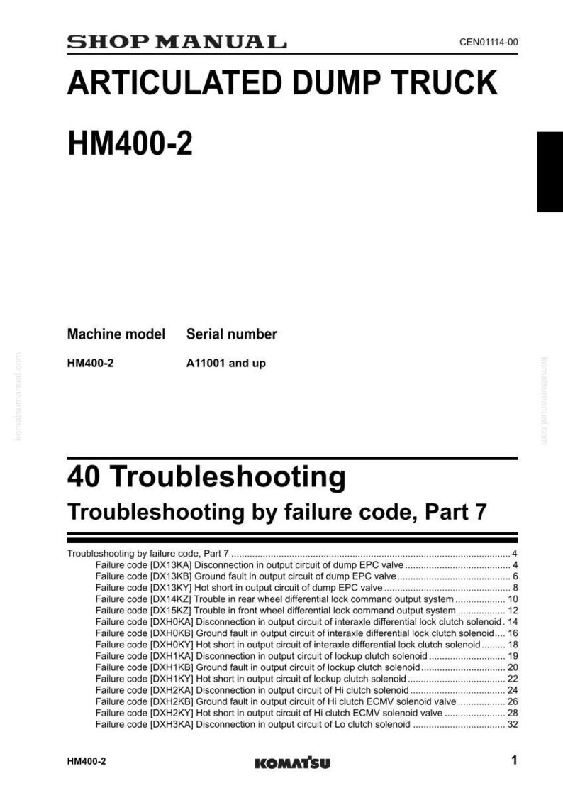 May include: Shop manual page for an Articulated Dump Truck HM400-2. The document includes troubleshooting information by failure code, Part 7, with a list of failure codes and descriptions. The Komatsu logo is at the bottom.