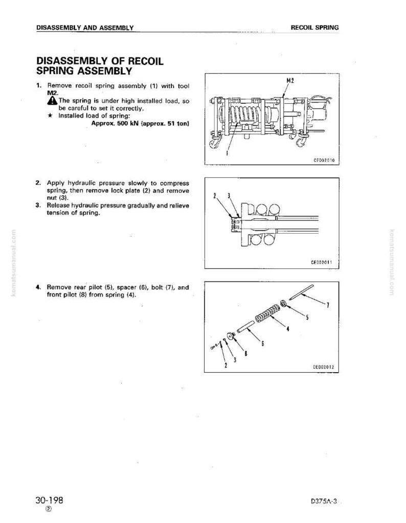 May include: A technical diagram detailing the disassembly of a recoil spring assembly. The diagram includes illustrations and instructions for removing components, including a spring, lock plate, and nut. Text includes "Approx. 500 kN (approx. 51 ton)".