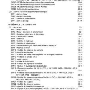 Może przedstawiać: Szczeg&oacute;łowy spis treści w języku francuskim, wymieniający r&oacute;żne tematy związane z silnikiem. Dokument zawiera sekcje dotyczące elektronicznych jednostek sterujących silnikiem, alarm&oacute;w i metod interwencji w silniku. Numery stron są wymienione po prawej stronie.