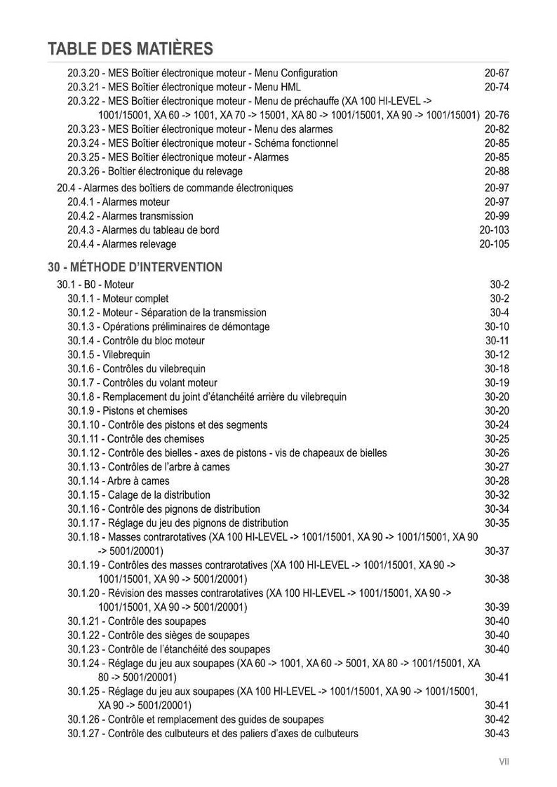 Może przedstawiać: Szczeg&oacute;łowy spis treści w języku francuskim, wymieniający r&oacute;żne tematy związane z silnikiem. Dokument zawiera sekcje dotyczące elektronicznych jednostek sterujących silnikiem, alarm&oacute;w i metod interwencji w silniku. Numery stron są wymienione po prawej stronie.