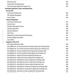 May include: A white page with a list of technical terms and numbers. The text includes terms like "PTO Switch Test", "Engine Coolant Temperature Sensor Test", and "Diagnose-DTCs, ECU". The page number "11" is at the bottom.