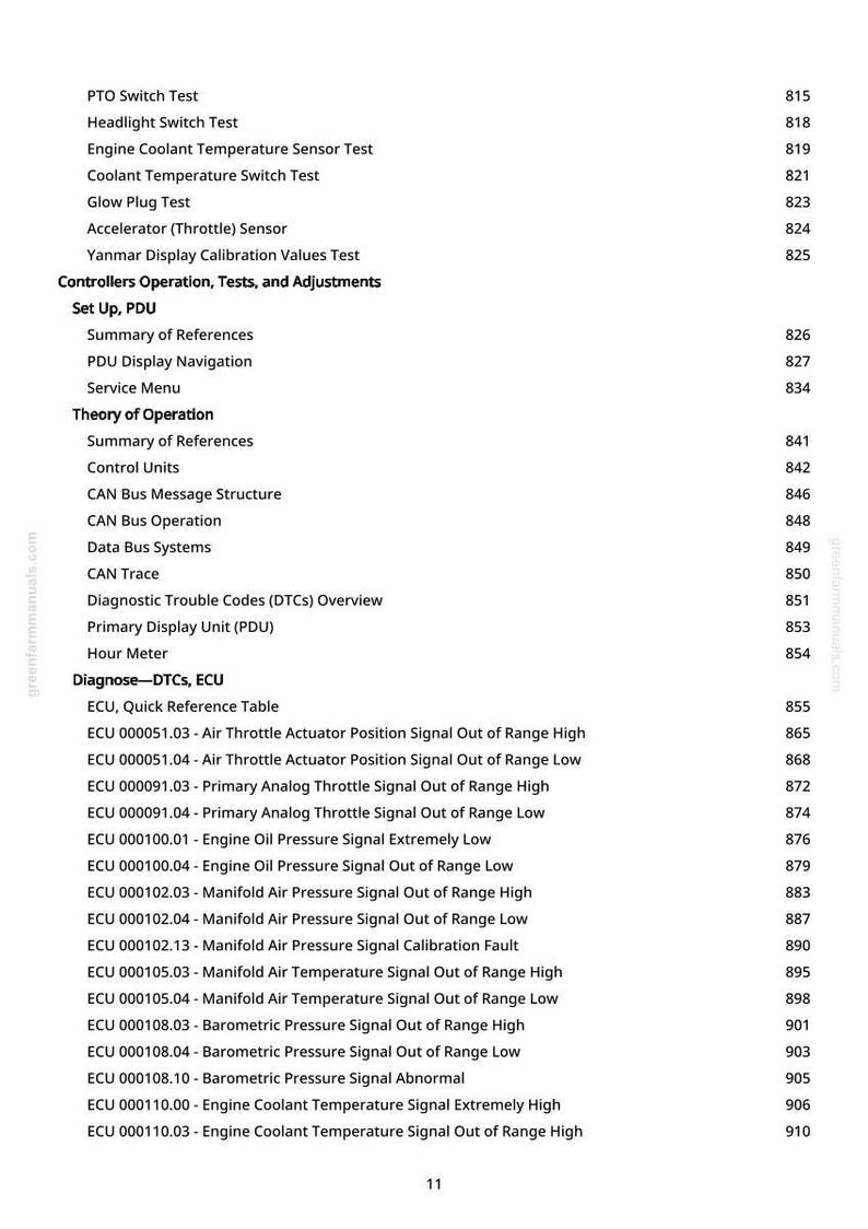 May include: A white page with a list of technical terms and numbers. The text includes terms like "PTO Switch Test", "Engine Coolant Temperature Sensor Test", and "Diagnose-DTCs, ECU". The page number "11" is at the bottom.