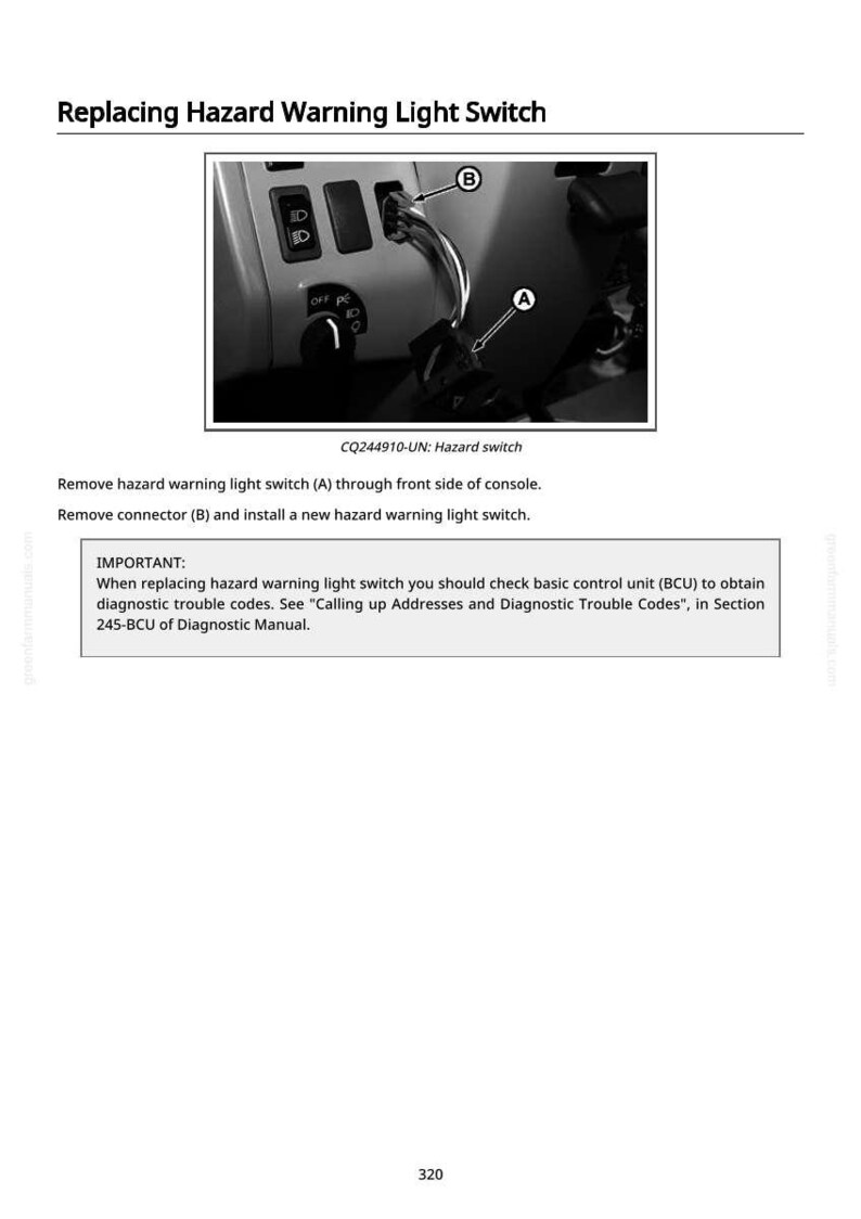 May include: Image detailing the replacement of a hazard warning light switch. The diagram shows the switch and connector on a car dashboard, with labels for easy identification. Instructions are provided, along with a note about diagnostic trouble codes.