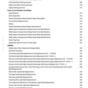 May include: A page from a manual with a table of contents. The text includes topics like wiring harnesses, fuses, relays, and lighting. The page number is 6. The website greenfarmmanuals.com is visible.