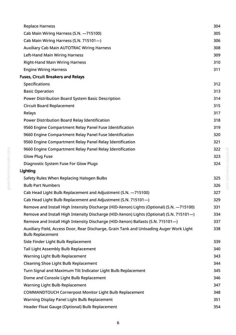 May include: A page from a manual with a table of contents. The text includes topics like wiring harnesses, fuses, relays, and lighting. The page number is 6. The website greenfarmmanuals.com is visible.