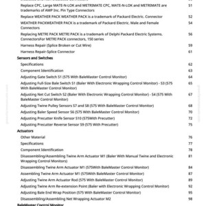 May include: A detailed table of contents from a manual, listing various electrical repair tools, connectors, sensors, switches, and actuators. The text includes specifications, component identification, and adjustment procedures.