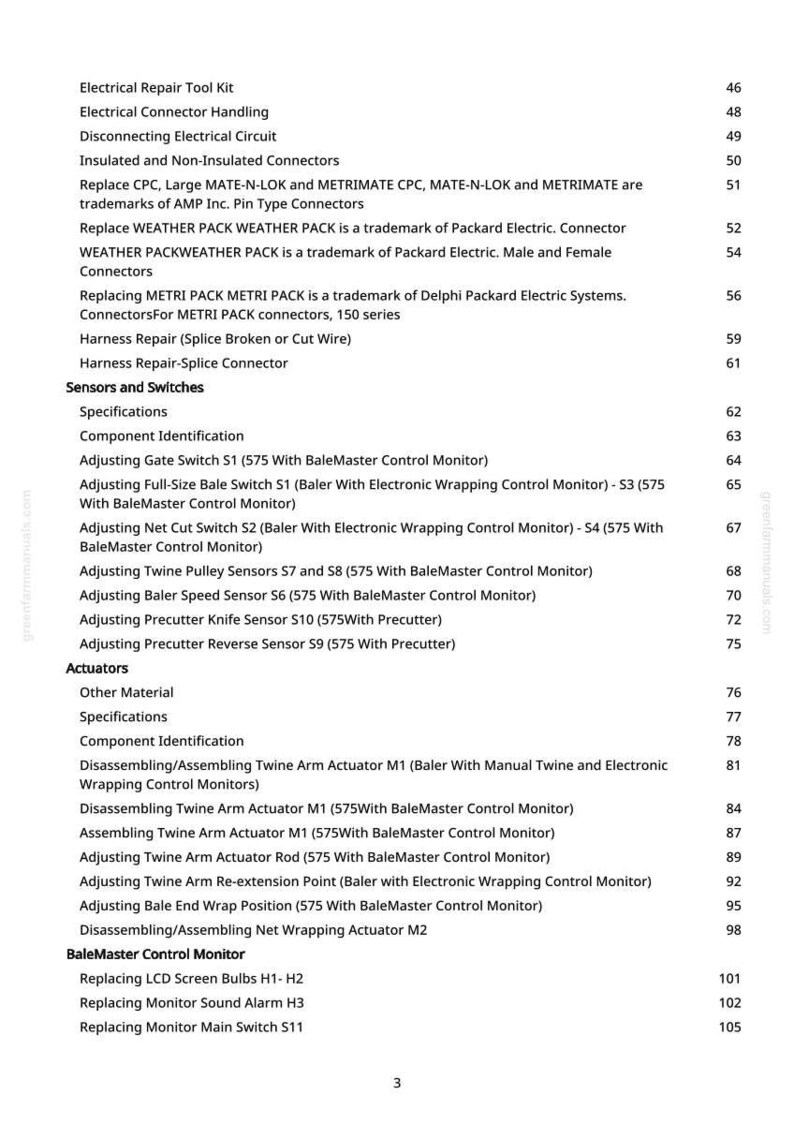 May include: A detailed table of contents from a manual, listing various electrical repair tools, connectors, sensors, switches, and actuators. The text includes specifications, component identification, and adjustment procedures.