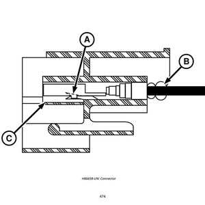 K&ouml;nnte beinhalten: Schwarz-wei&szlig;e technische Illustration eines Steckverbinders, gekennzeichnet mit Pfeilen und den Buchstaben A, B und C. Das Diagramm zeigt die interne Struktur des Steckverbinders mit Querschnitten und Detailansichten.