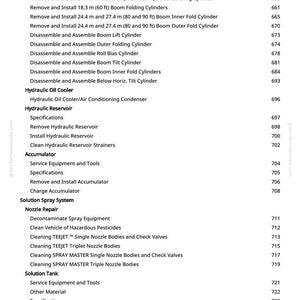 Może przedstawiać: Biała strona z listą instrukcji technicznych, w tym "Zdemontuj i zamontuj 18,3 m (60 st&oacute;p) siłowniki podnoszenia wysięgnika" i "Chłodnica oleju hydraulicznego". Strona zawiera numerowaną listę z adresem strony internetowej w lewym g&oacute;rnym rogu.