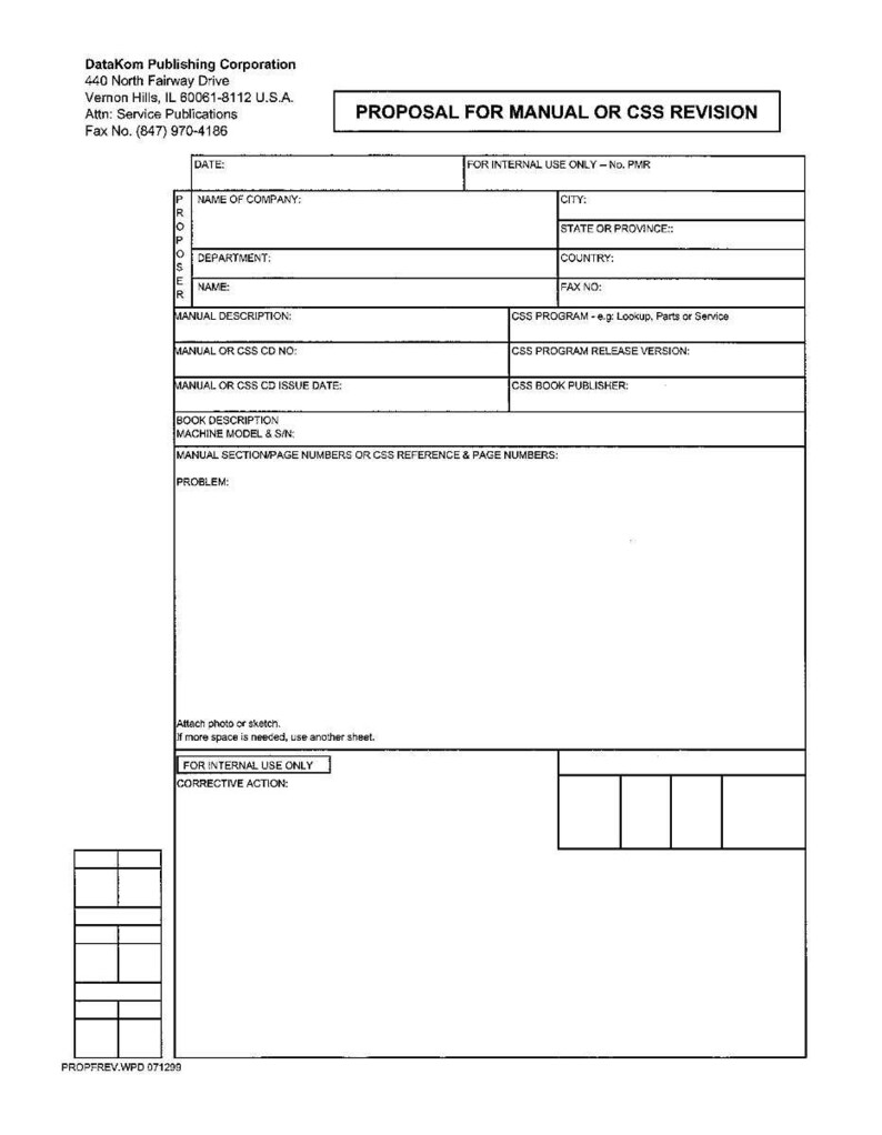 Pu&ograve; includere: Un documento bianco intitolato "PROPOSTA PER LA REVISIONE MANUALE O CSS" con campi di testo per le informazioni aziendali, la data e una descrizione. Il documento include l'indirizzo e il numero di fax di DataKom Publishing Corporation.