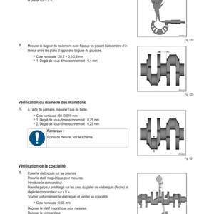 Op de afbeelding: Technische diagrammen met Franse tekst die meetprocedures voor motoronderdelen beschrijven. Bevat illustraties van een micrometer, krukas en andere motoronderdelen. Afmetingen in millimeters.