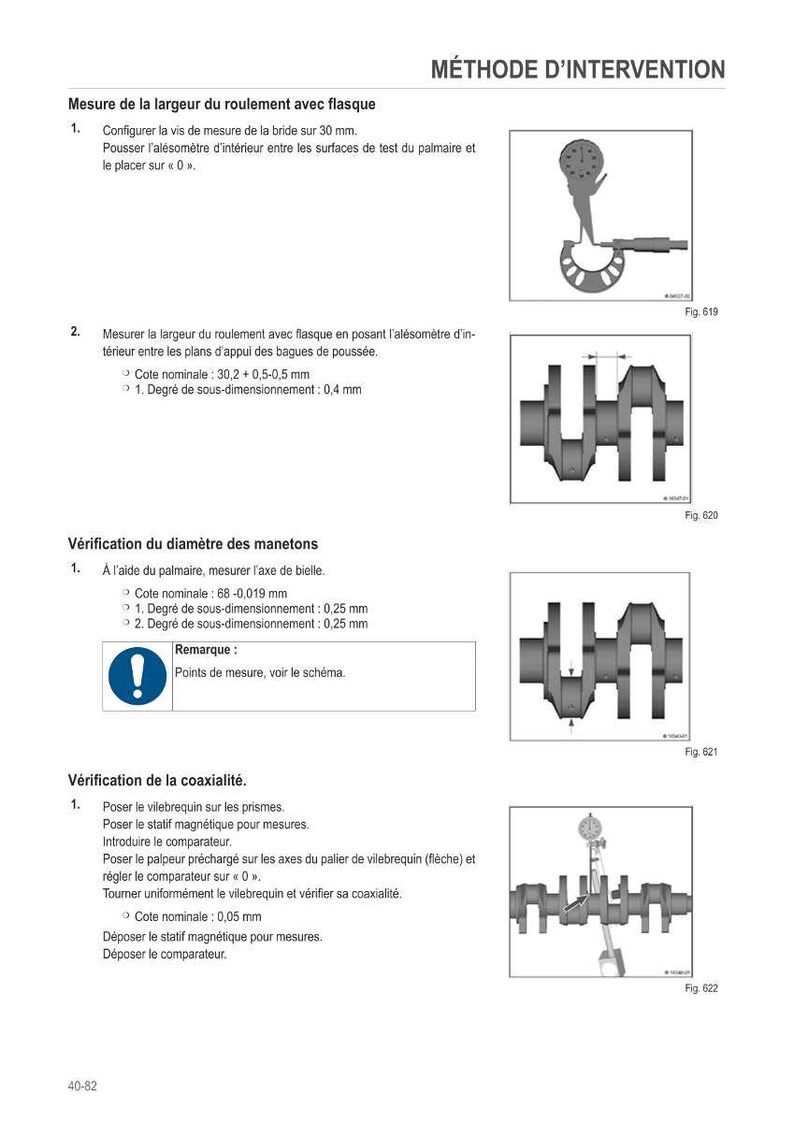 Op de afbeelding: Technische diagrammen met Franse tekst die meetprocedures voor motoronderdelen beschrijven. Bevat illustraties van een micrometer, krukas en andere motoronderdelen. Afmetingen in millimeters.