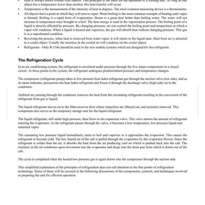 May include: A printed page from a troubleshooting manual for an air conditioning system. The text includes sections on the act of cooling and the refrigeration cycle, with diagrams and explanations of the processes.
