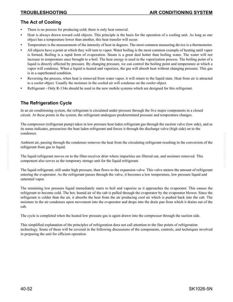 May include: A printed page from a troubleshooting manual for an air conditioning system. The text includes sections on the act of cooling and the refrigeration cycle, with diagrams and explanations of the processes.