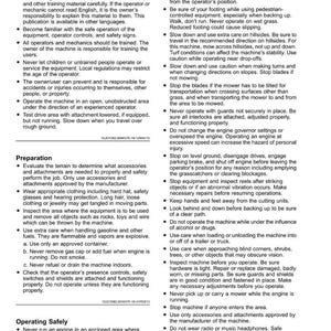 Puede incluir: Una p&aacute;gina de manual de seguridad con texto negro sobre fondo blanco. El texto est&aacute; organizado en listas con vi&ntilde;etas, que tratan sobre la formaci&oacute;n del operador, la preparaci&oacute;n y los procedimientos de funcionamiento seguro de la maquinaria. Contiene advertencias.