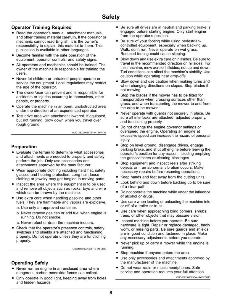 Puede incluir: Una p&aacute;gina de manual de seguridad con texto negro sobre fondo blanco. El texto est&aacute; organizado en listas con vi&ntilde;etas, que tratan sobre la formaci&oacute;n del operador, la preparaci&oacute;n y los procedimientos de funcionamiento seguro de la maquinaria. Contiene advertencias.