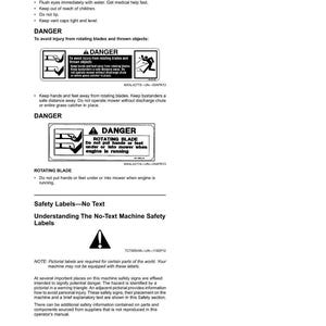 K&ouml;nnte beinhalten: Eine Seite aus einem Handbuch mit Sicherheitshinweisen. Die Etiketten warnen vor potenziellen Gefahren, einschlie&szlig;lich rotierender Klingen und geworfener Objekte. Der Text enth&auml;lt Sicherheitsanweisungen und bildliche Warnungen.