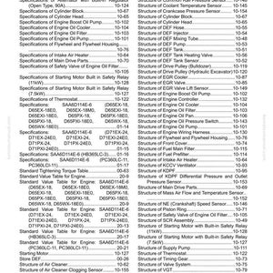 May include: An index page from a Komatsu manual, detailing engine components and page references. It lists specifications for parts like alternators, filters, and sensors, offering a guide to engine maintenance and repair.